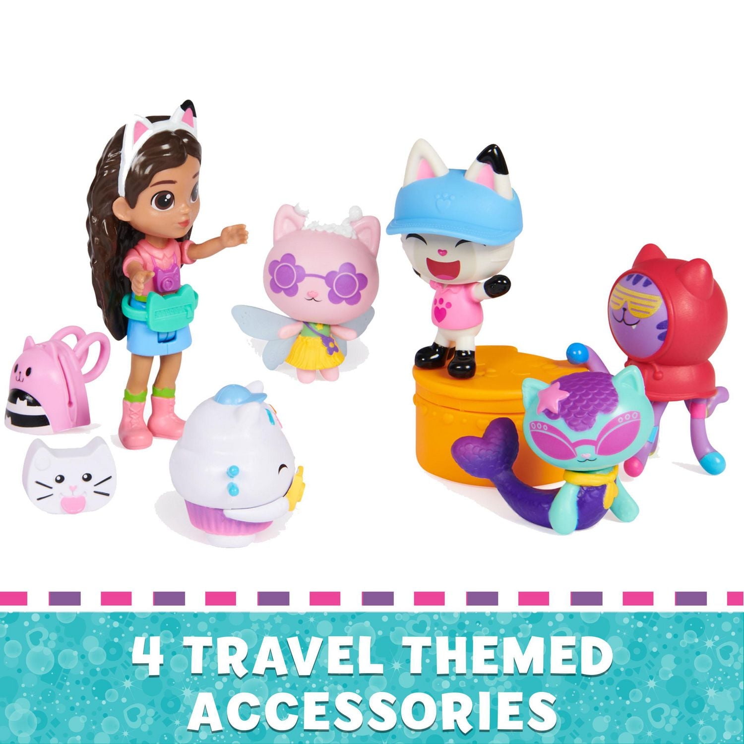 Gabby's Dollhouse, Coffret de figurines édition voyage avec une poupée Gabby, 5 figurines chat, jouets surprise et accessoires pour la maison magique, jouets pour filles et garçons à partir de 3 ans