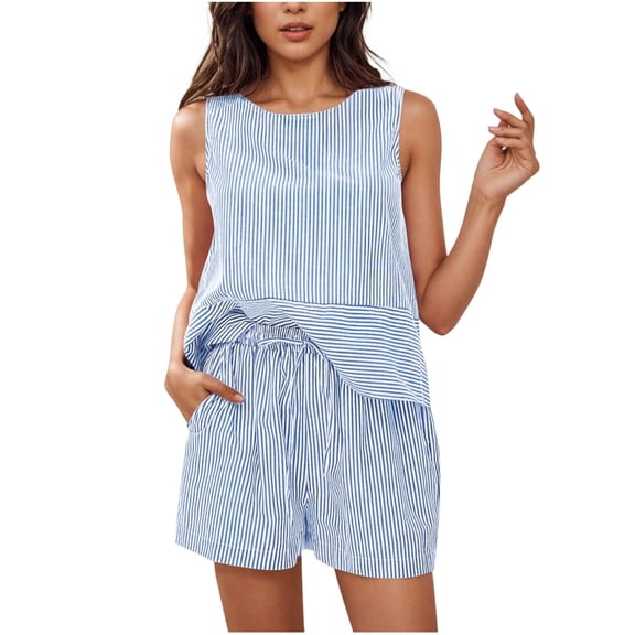 UPPADA Womens 2 Piece Outfits Sleeveless Tank Tops and Shorts Casual Summer Two Piece Lounge Set Crewneck Sets 2 Piece Beach Vacation Outfits Blue,L