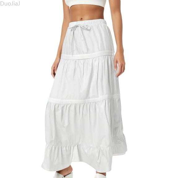 DuoJiaJ Women's A Line Midi Skirt Casual Party Wear Summer Long Skirt With Tie Waist And Slit Design Pure Color Flowy Boho Skirt For Daily Outing And Dinner A Line Skirts Women White L