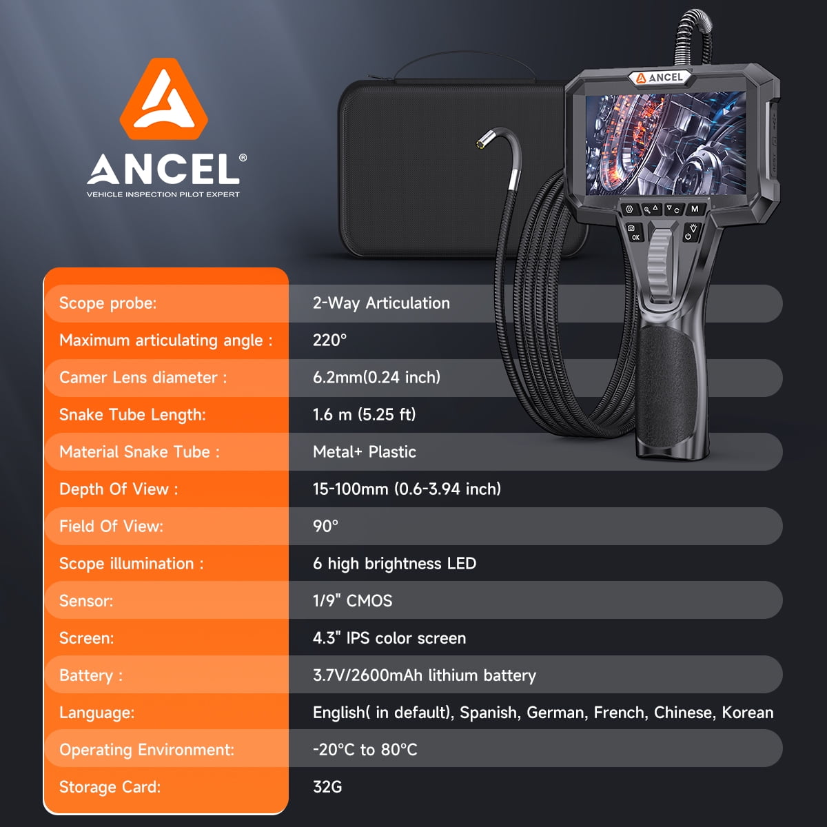 ANCEL AN301 2-Way 210° Industrial Articulating Borescope Camera with Light Endoscope 4.3" Snake Camera Inspection 6.2MM Borescope