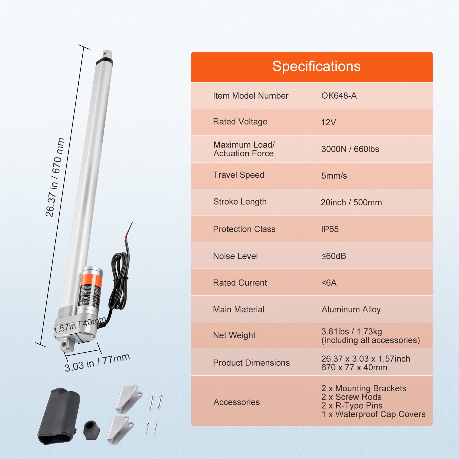 KFFKFF Linear Actuator 12V, 20 Inch Waterproof IP65 Linear Actuator, 660lbs/3000N 0.19"/s Linear Motion Actuator with Mounting Bracket for Outdoor Use