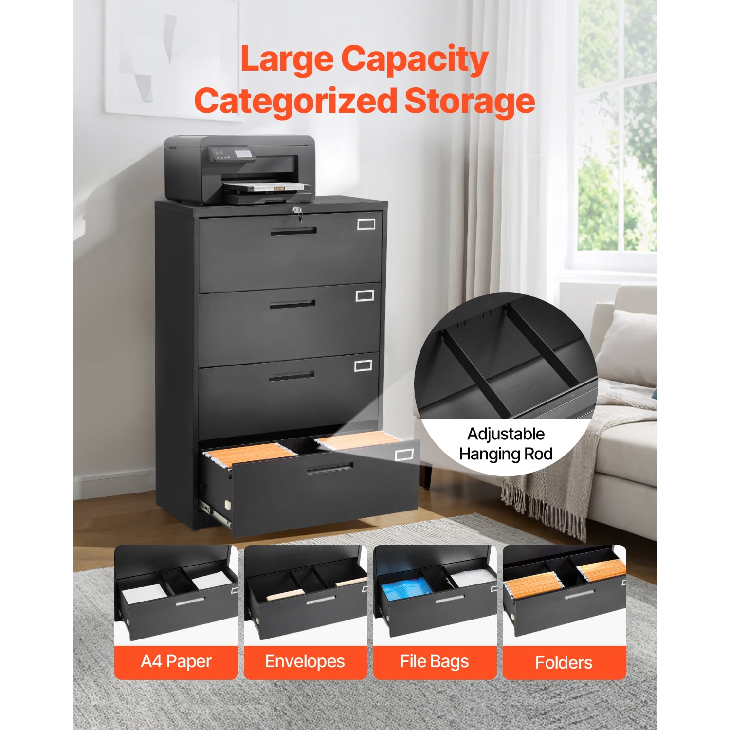 KFFKFF 4-Drawer Metal File Cabinet with Lock, Vertical Filing Storage Unit for Home and Office, Adjustable Hanging Rods for Letter, A4, and Legal Files, Easy to Assemble, Black