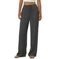 thumbnail image 4 of Moxiu Women Linen Pants Dressy Wide Leg Drawstring Palazzo Lounge Pant Elastic Waist Boho Beach Vacation Summer Travel Dark Gray,L, 4 of 9