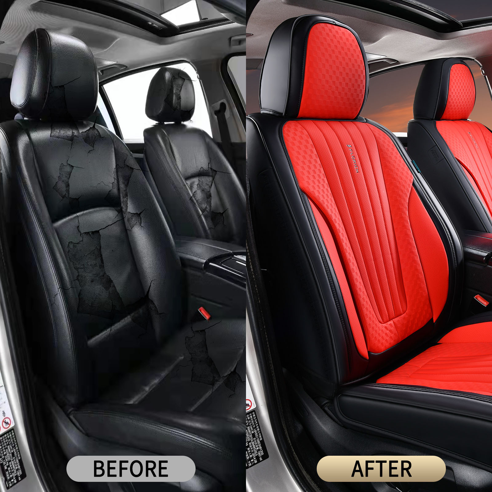 FLORICH Car Seat Covers, 2 Seats Waterproof Faux Leather Seat Cushions, Auto Protectors Universal Fit Most Cars, Black&Red