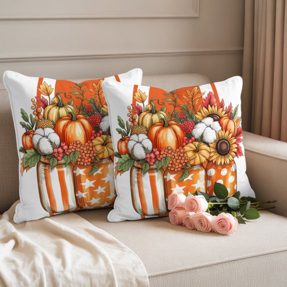 Outdoor Throw Pillow Covers,Fall Thanksgiving Pumpkin Sunflower Maple Leaf Waterproof Decorative Pillowcases Cushion Cover Orange Stripe Pillow Cases for Patio Couch Sofa Bed,18x18in Set of 2