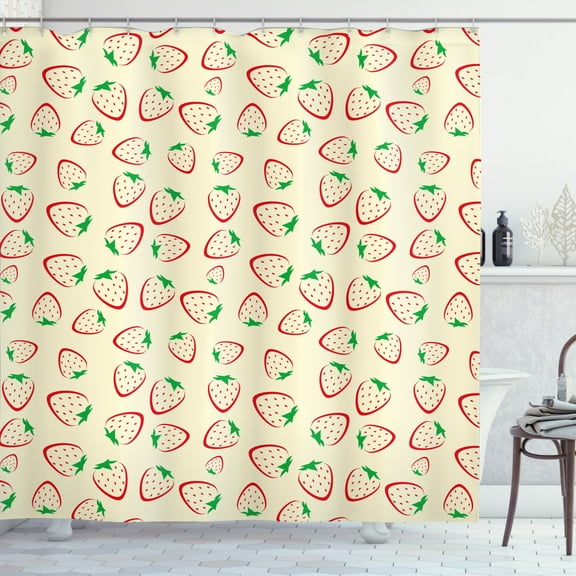 Strawberry Shower Curtain, Repetitive Pattern of Summer Fruit Silhouettes with Dots and Leaves, Fabric Bathroom Set with Hooks, 69W X 70L Inches, Cream Vermilion Green, by Ambesonne