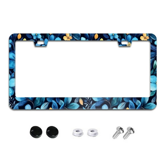 Blue Flowers on Navy License Plate Frames for Women Men Car Plate Holder Cover Metal Tag Aluminum Car Accessories Front Rear Plate Decor
