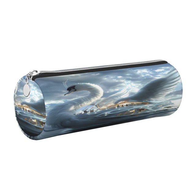 Easygdp Fantasy Swan Yacht Design para Estuche de Lápices Cilíndrico de Cuero con Cremallera, Organizador de Lápices de Cuero para Escuela, Oficina y Viajes