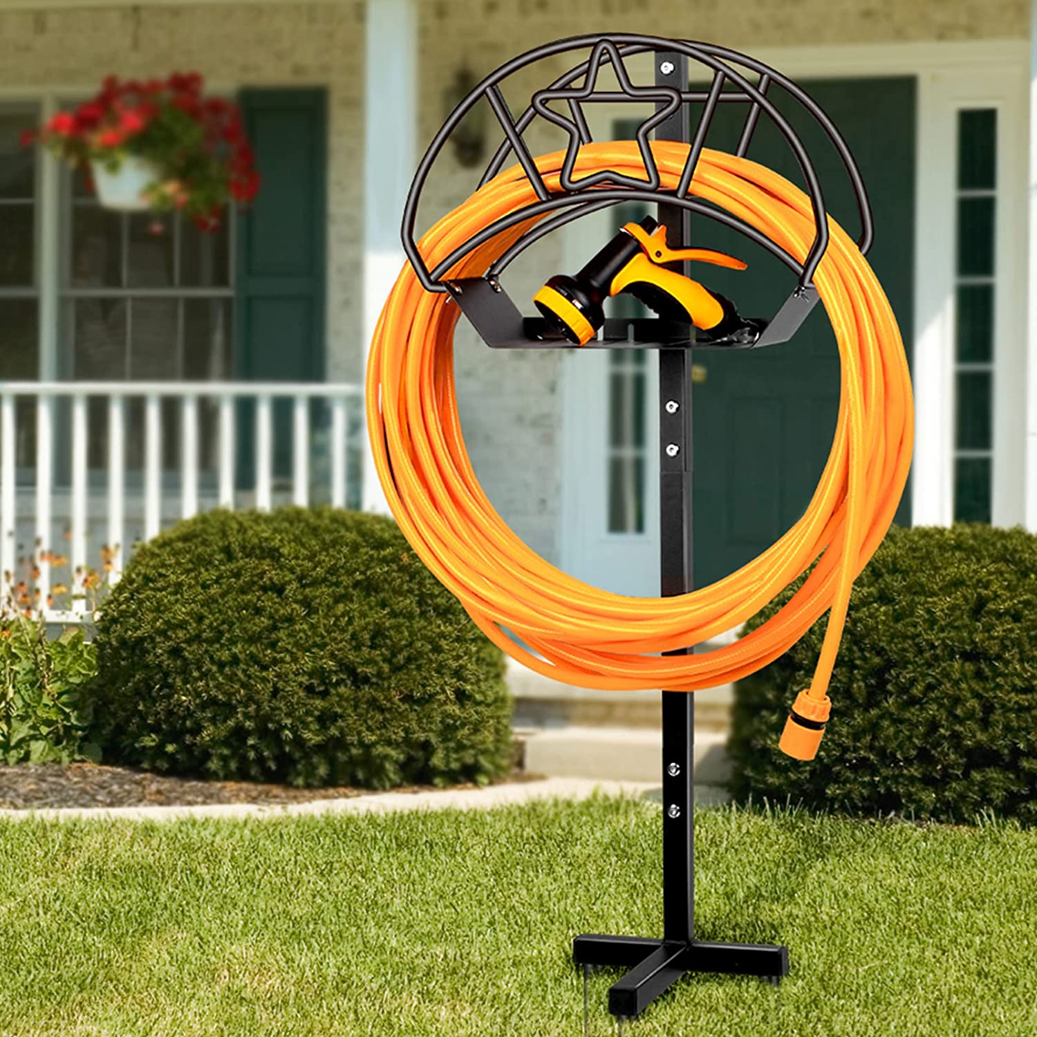 Walensee Garden Hose Holder Detachable Freestanding Water Hose Hanger,Outside Heavy Duty Metal Hose Storage Hose Stand Decorative Hose Reel Rack for Yard,Lawn,Black
