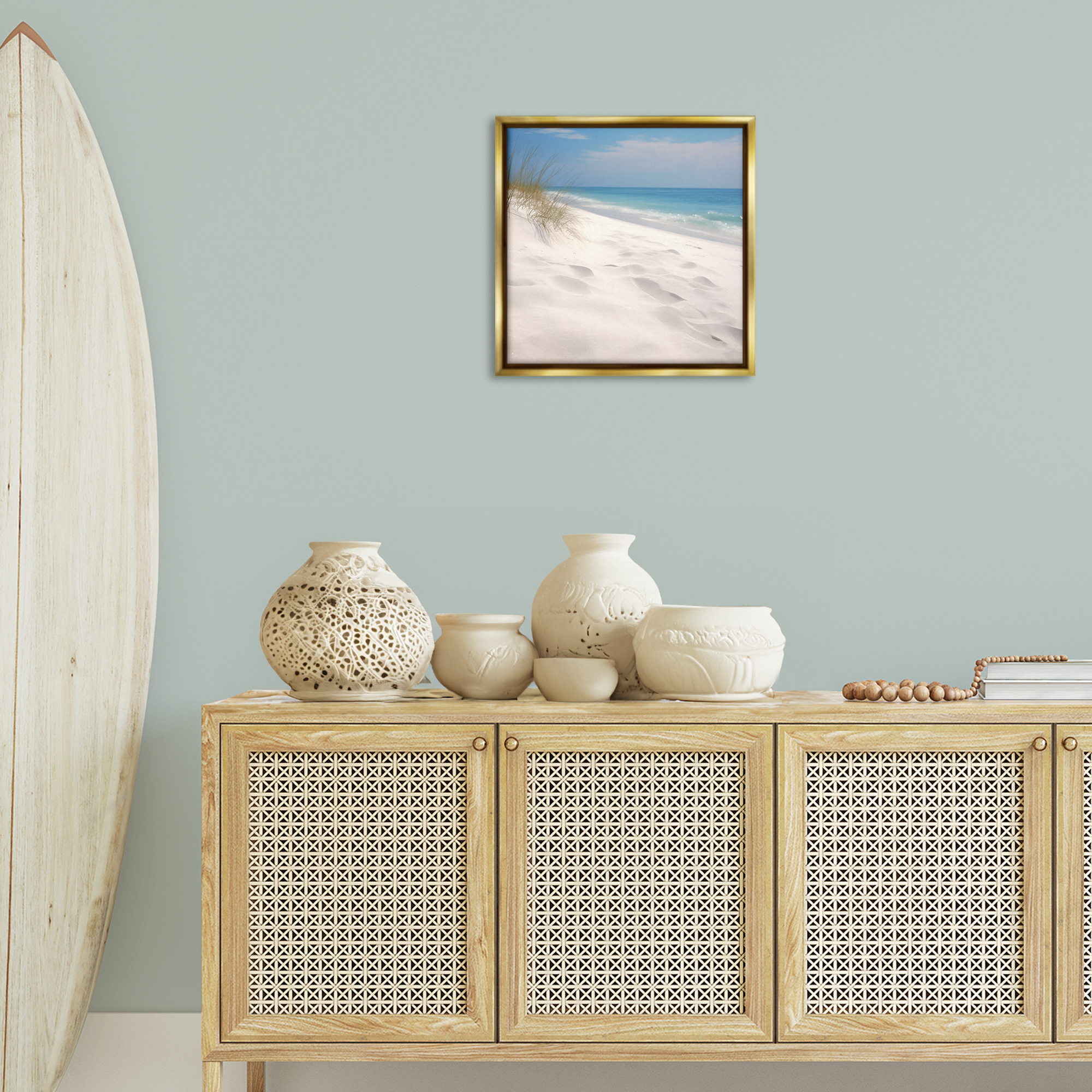 Stupell Industries Seabreeze Sandy Footprints Landscape Photography Gold Floater Framed Canvas Art Print Wall Art, 18 x 18
