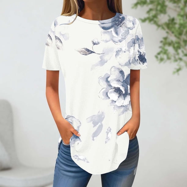 Fiudx Liquidación de Ahorros de Verano Top Suelto con Cuello Redondo y Estampado de Moda Informal de Verano para Mujer