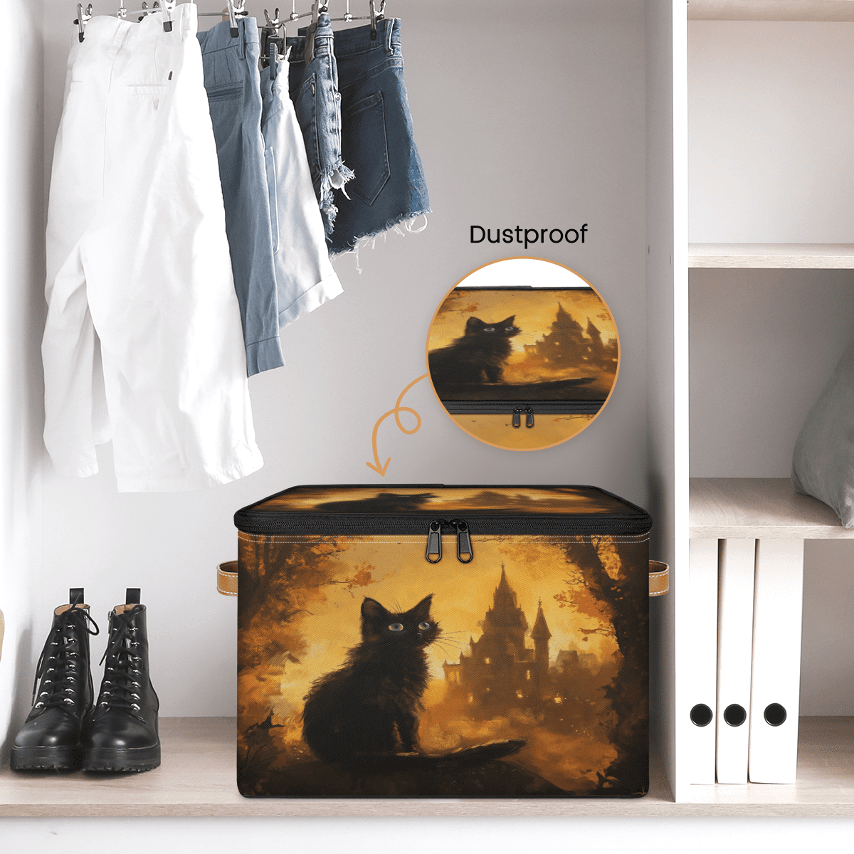 ADECORIVY Black Cat Halloween Storage Bin with Zipper Lid, Fabric Foldable Shelf Baskets Boxes, Closet Lidded Storage Bins, Decorative Clothes Organizer for Bedroom Home
