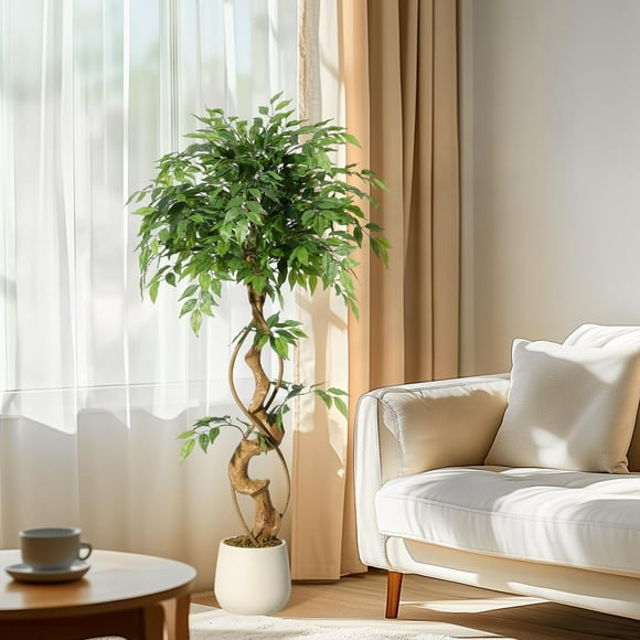 Ficus Artificial Tree with Curved Trunk, Artificial Ficus Tree, 4/5/6Ft Artificial Plants Indoor in Pot, Indoor Faux Green Tree for Home Decor Indoor