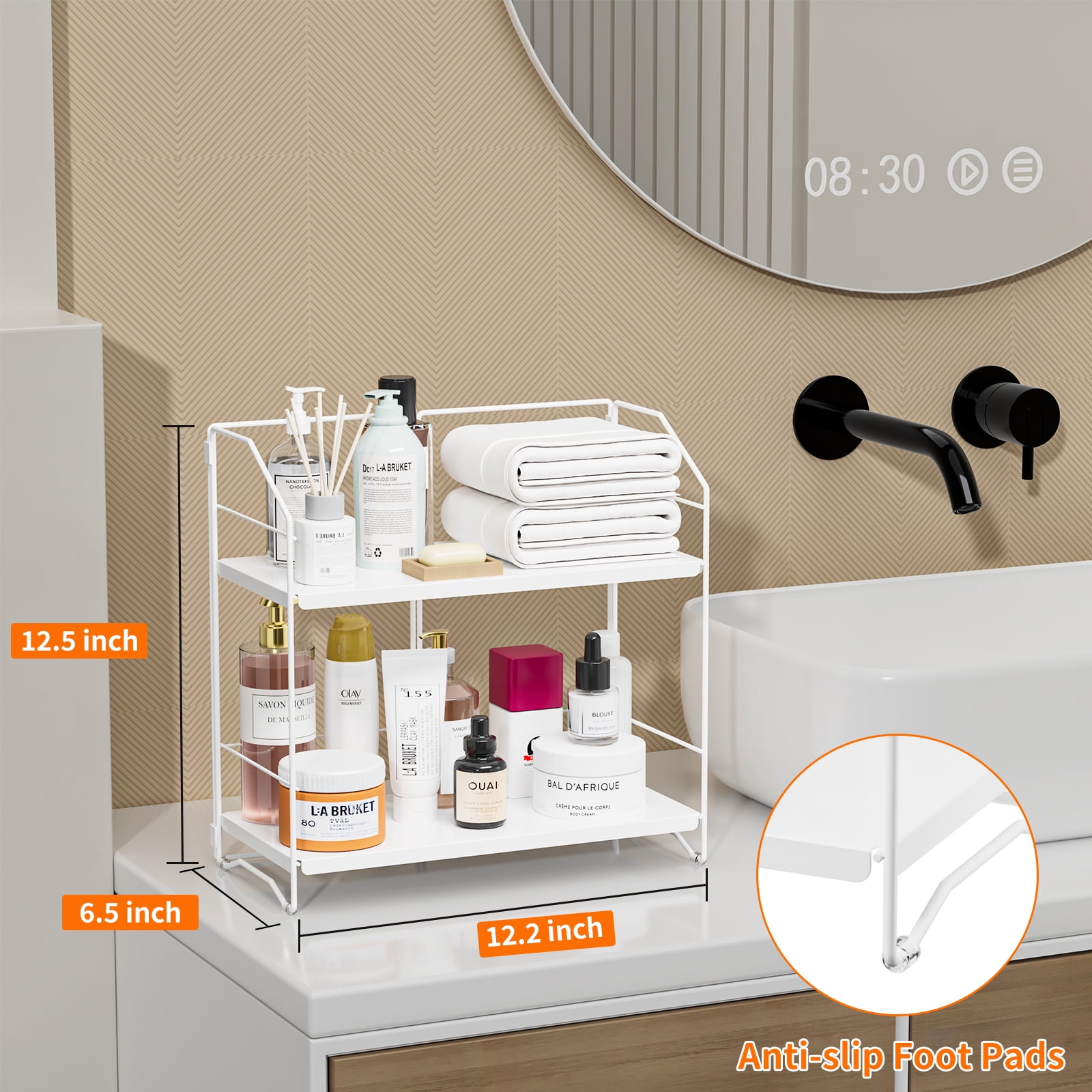 BOIVSHI Bathroom Counter Organizer, 2-Tier Standing Countertop Shelf, Height Adjustable Spice Rack Organizer, Cosmetic Storage Organizer for Bathroom, Desktop, Metal White