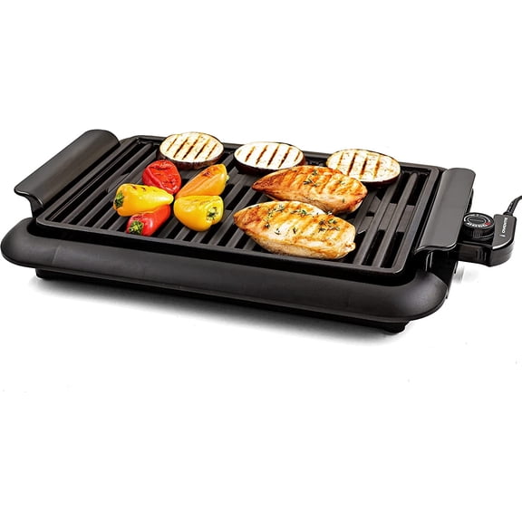 OVENTE Electric Indoor Grill with 15x10 Inch Non-Stick Cooking Surface, 1200W Fast Heat Up Power, Adjustable Temperature, Removable and Dishwasher Safe Grilling Plate and Drip Tray, Black GD1510NLB