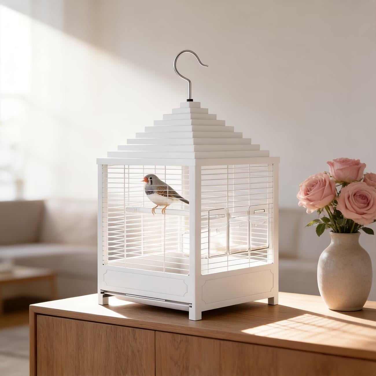 White Pagoda Bird Cage for Budgies, Cockatiels & Finches - Portable & Compact