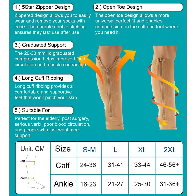 Zipper Compression Socks - Open Toe Knee High Graduated Pressure Support  Hose for Improved Leg Circulation - Unisex - Black Regular Size - 5 Star