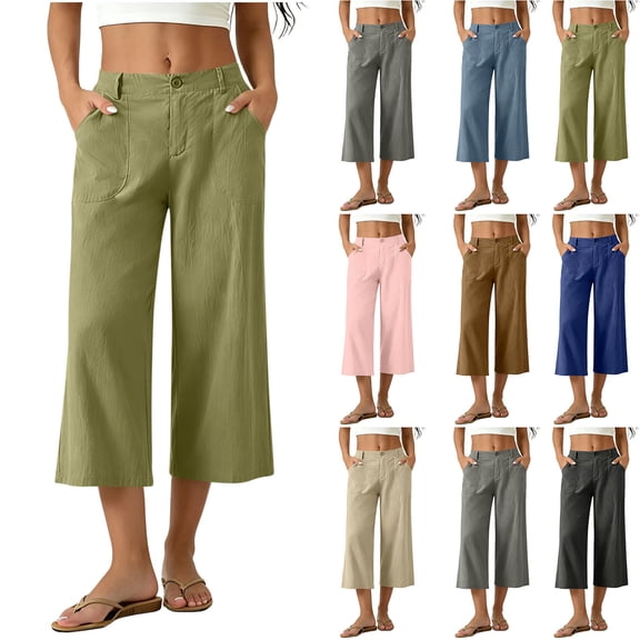 VBVC Women's Cotton Linen High Waisted Capri Pants , Wide Leg Work Beach Cropped Trousers For Women , Ladies' Button Fly Breathable Pants with Pockets,Beige,S-2XL
