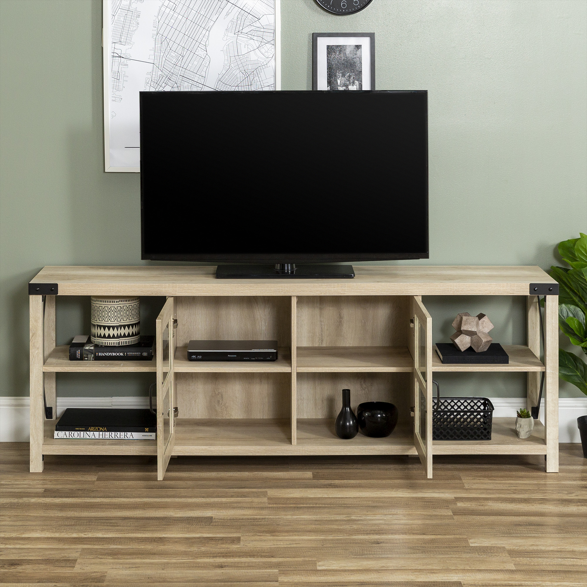 Woven Paths Farmhouse 2-Door Metal X TV Stand for TVs up to 80", White Oak - image 3 of 13
