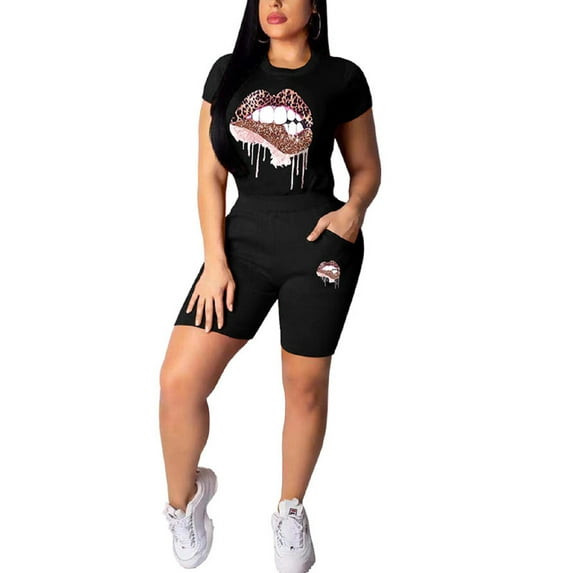 KOMOO 2Pcs Women Tracksuit Leopard Lips Printed Short Sleeve T-shirt Tight Shorts Outfits Plus Size