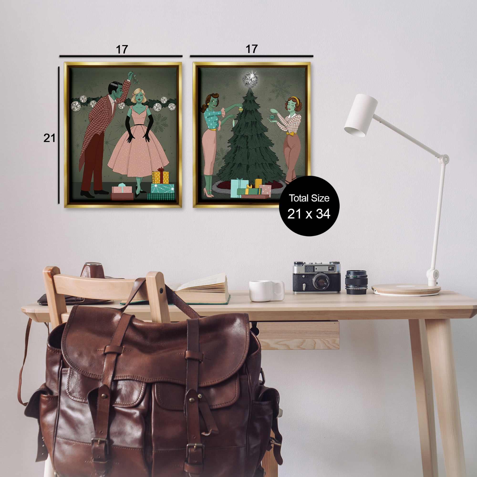 Stupell Industries Modern Festive Holiday Decorating Holiday Painting Gold Floater Framed Canvas Art Print Wall Art, 17 x 21, Set of 2