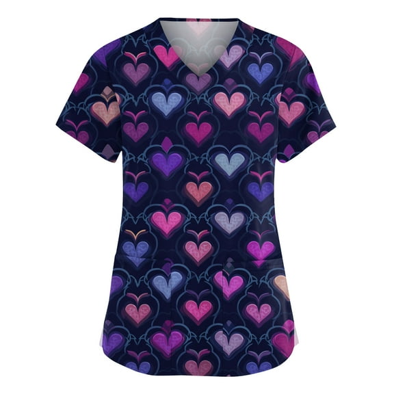 Garbnen Valentines Scrub Top Plus Size Love Heart Pattern Short Sleeve V Neck Workwear Women with Pocket Stretch Nursing Uniforms for Women S-5XL