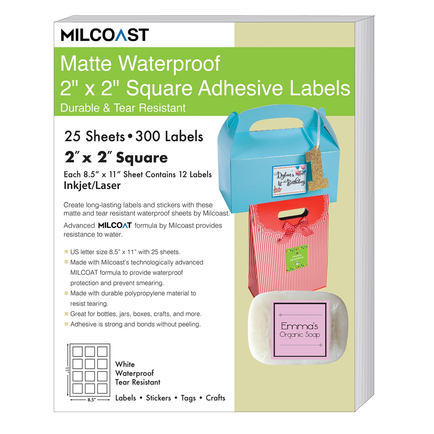 Milcoast Matte Waterproof Tear Resistant Blank White Adhesive 2" x 2