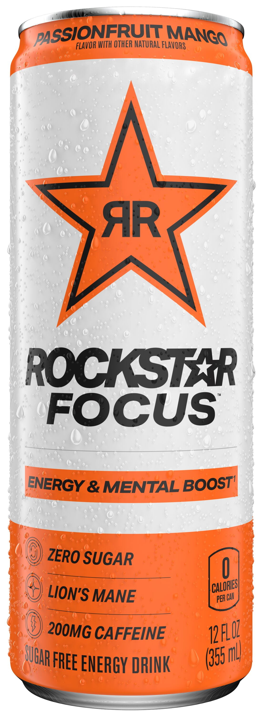 Rockstar Focus Zero Sugar Energy Drink, Passionfruit Mango Flavor, Lion’s Mane, Energy & Mental Boost, 12 oz 12 Pack Cans