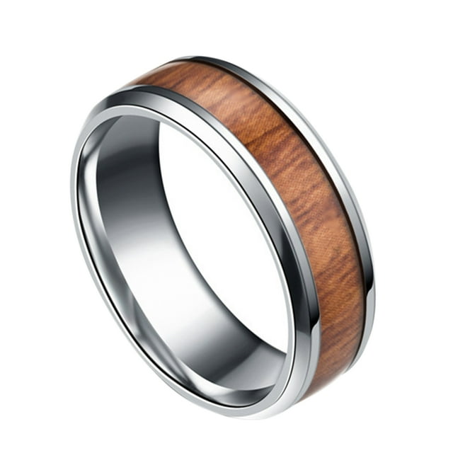 Bague Rétro 8 mm pour Hommes en Titamium et Bagues en Acier Inoxydable avec Incrustation de Bois, Bague en Acier Inoxydable, Bague Alliance, Accessoires pour la Main