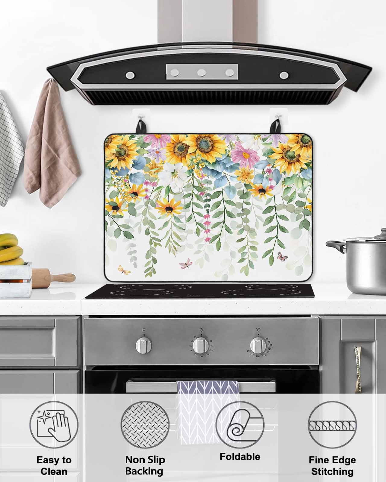 nqOlkjepod Large Induction Cooktop Protector Mat 24"x21", Sunflower Stove Top Covers for Electric Stove, Yellow Green Summer Botanical Watercolor Stove Burner Cover Mats, Glass Top Stove Cover