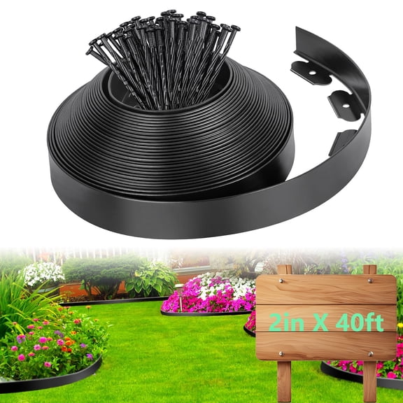 Loaddvni Garden Landscape Edging Kit, 40-Foot Long, 2-Inch Tall with 80 Anchoring Spikes, No Dig Lawn Border Design for Garden Flower Beds Lawn Yard Paver Pathway (Black)
