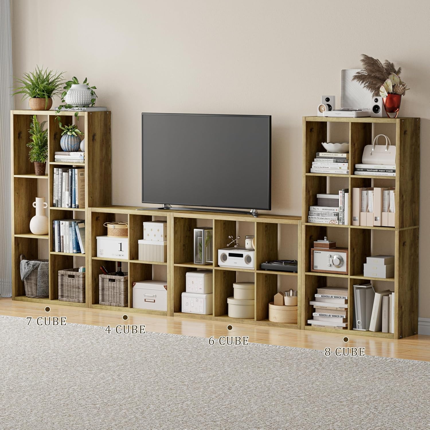 Anhdah 4 Cube Storage Organizer Bookshelf, Brown Wooden Bookcase Storage Shelf, Sturdy 4-Cube Organizer for Living Room, Bedroom, Home Office, Easy Assembly
