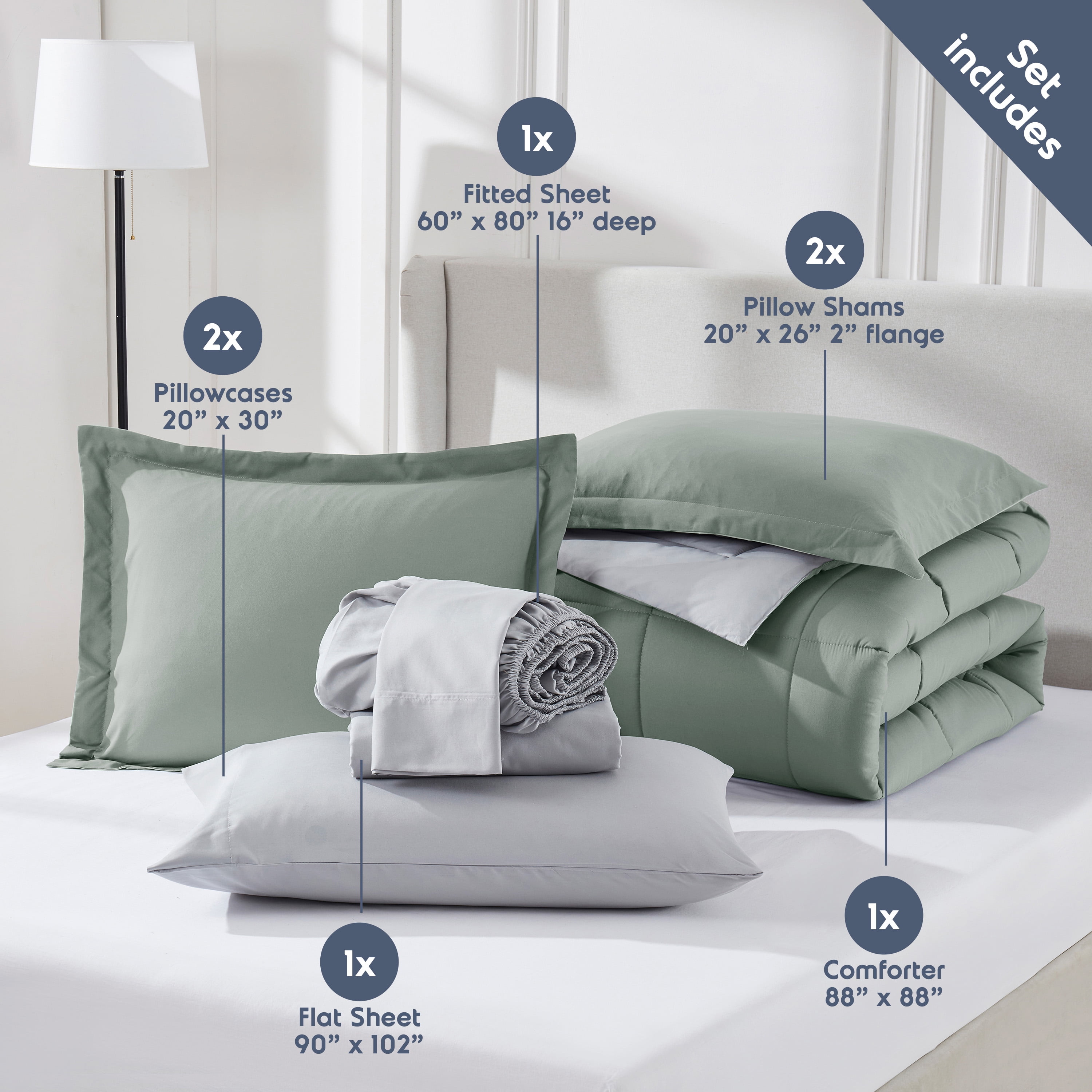 LammaLoe King Comforter Set, With King Sheets, Reversible Bed In A Bag 7 Piece, Bedding Set, Sage Green