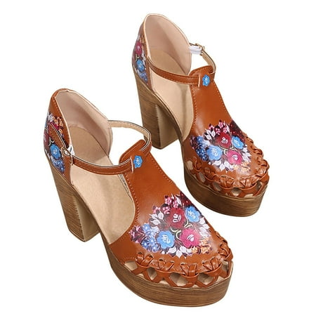 

OAVQHLG3B Summer New Retro Floral Hollow High-heeled Chunky-heeled Waterproof Platform Buckle Women s Sandals