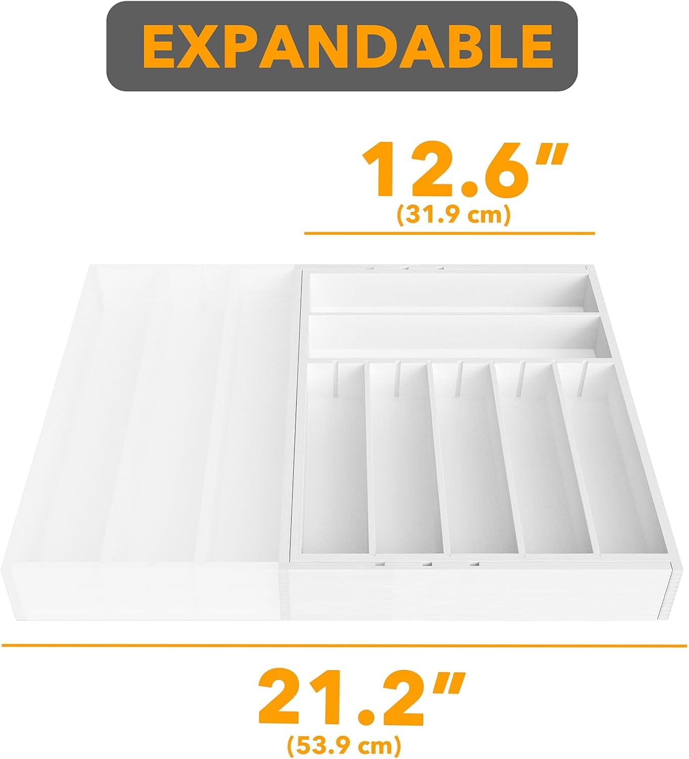 2.5" High Bamboo Silverware Drawer Organizer with Labels, Kitchen Utensil Expandable Tray Holder for Flatware, Cutlery, Spoon and Knives Drawer Storage Organization (White)