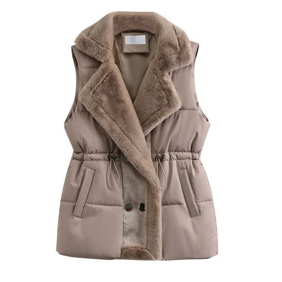 Htigea Women's Lapel Gilet Trendy Drawstring Waist Vest Button Down Coats Padded Sleeveless Jackets with Pockets Khaki M