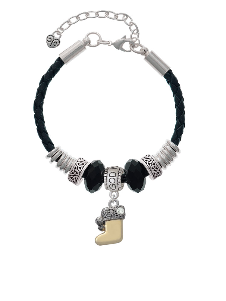 Delight Jewelry Two-tone 3-D Stocking with Clear Crystal Godmother Celtic Knot Leather Bead Bracelet, 7"+2" Extender