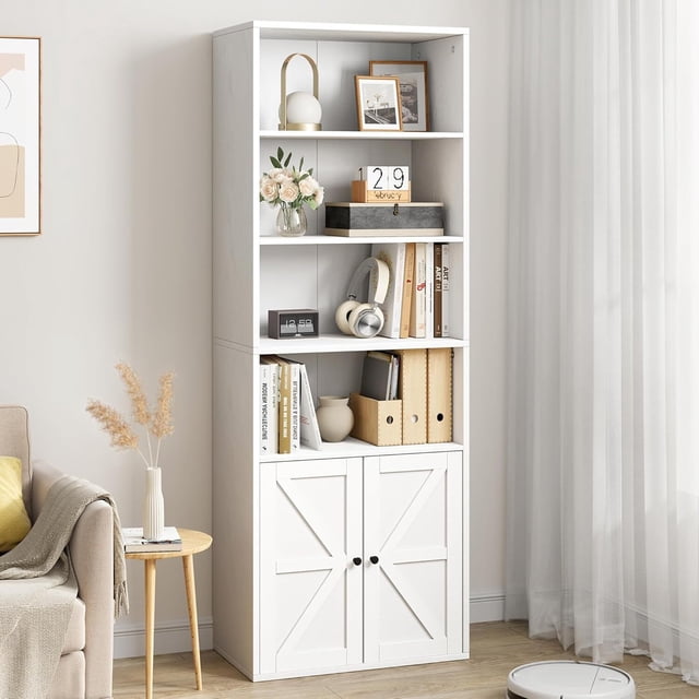 Qinaqin 71.4-inch wooden si x -layer bookshelf industrial style display storage rack farmhouse bookcase con doors