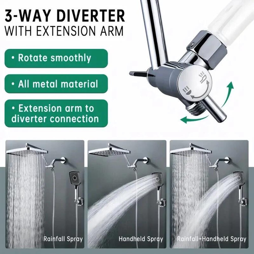 13-Inch Chrome Rainfall Shower Head with 4-Mode Handheld Spray & Adjustable Arm