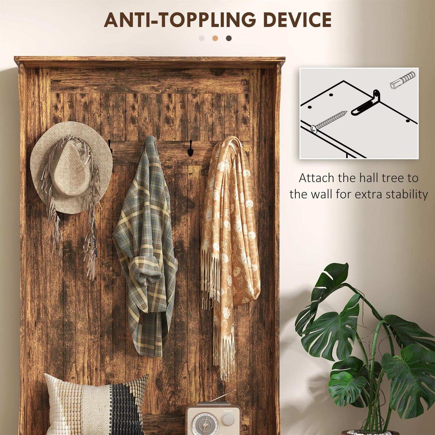 Demi Bonn 70" Hallway Bench with Coat Rack and Shoe Storage, 3-in-1 Entryway Organizer for Home, Storage Hooks and Hall Tree for Convenience, Brown