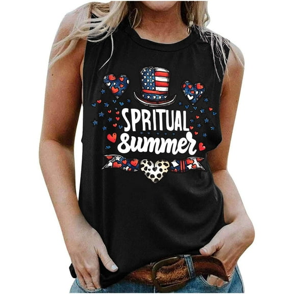 Fartey 4th of July Tank Tops for Women Funny Letter Printed Sleeveless Shirts Independence Day Patriotic T Shirts Loose Casual Summer Crew Neck Tanks Black M