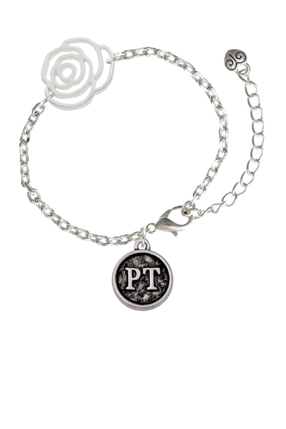 Silvertone Physical Therapist Caduceus Seal - PT Silver-tone Flower Link Chain Bracelet, 6.75"+2" Extender