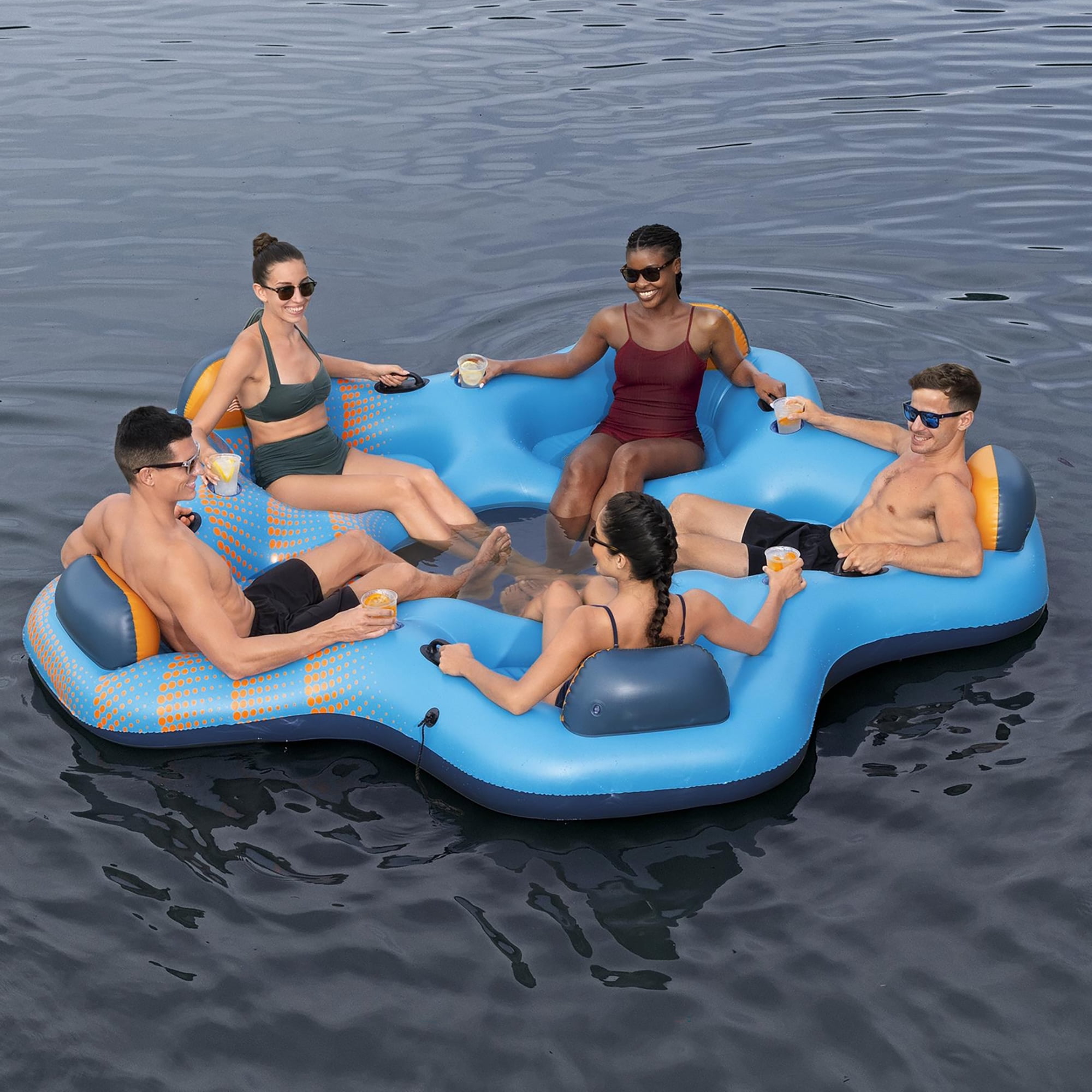 Hydro Force: Day Drifter Island - 5 Person Water Float, 9'10"x9'5", XL Open Center Lounger Tube, Cup Holders & Handles, Cooling Mesh Seats, 1102lb Cap