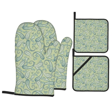

Oven Mitts and Pot Holders Sets 4 pcs - Light Green Paisley Heat Resistant Silicone Oven Gloves with Non-Slip Silicone Surface and hot pads for kitchen Baking Cooking BBQ