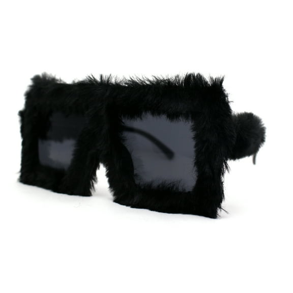 Womens Funky Fur Covered Squared Rectangle Oversize Sunglasses All Black