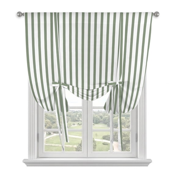 Green Striped Tie Up Curtains for Kitchen Windows,Adjustable Rod Pocket Valance 63 Inch Long, Modern Green Farmhouse Vertical Stripes Window Treatment Balloon Roman Blind Shade, 42" x 63"