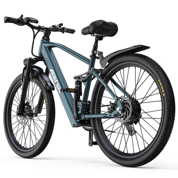 Full Suspension Electric Mountain Bike, 26" Fat Tire Electric Bicycle with Removable Battery, Shimano 21-Speed, Dual Disc Brakes, Max 330LBS Load Capacity
