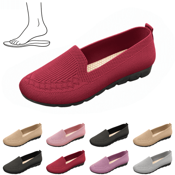 EKVAHL Women's Knit Loafers, Breathable Mesh Slip-On Flats, Orthopedic Lightweight Walking Shoes with Non-Slip Soft Sole Red
