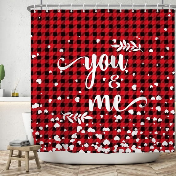 Valentines Day Shower Curtain Red Buffalo Plaid Water Repellent Bathroom Curtain You and Me Farmhouse Shower Curtain Set with Hooks 72W x 72L inch