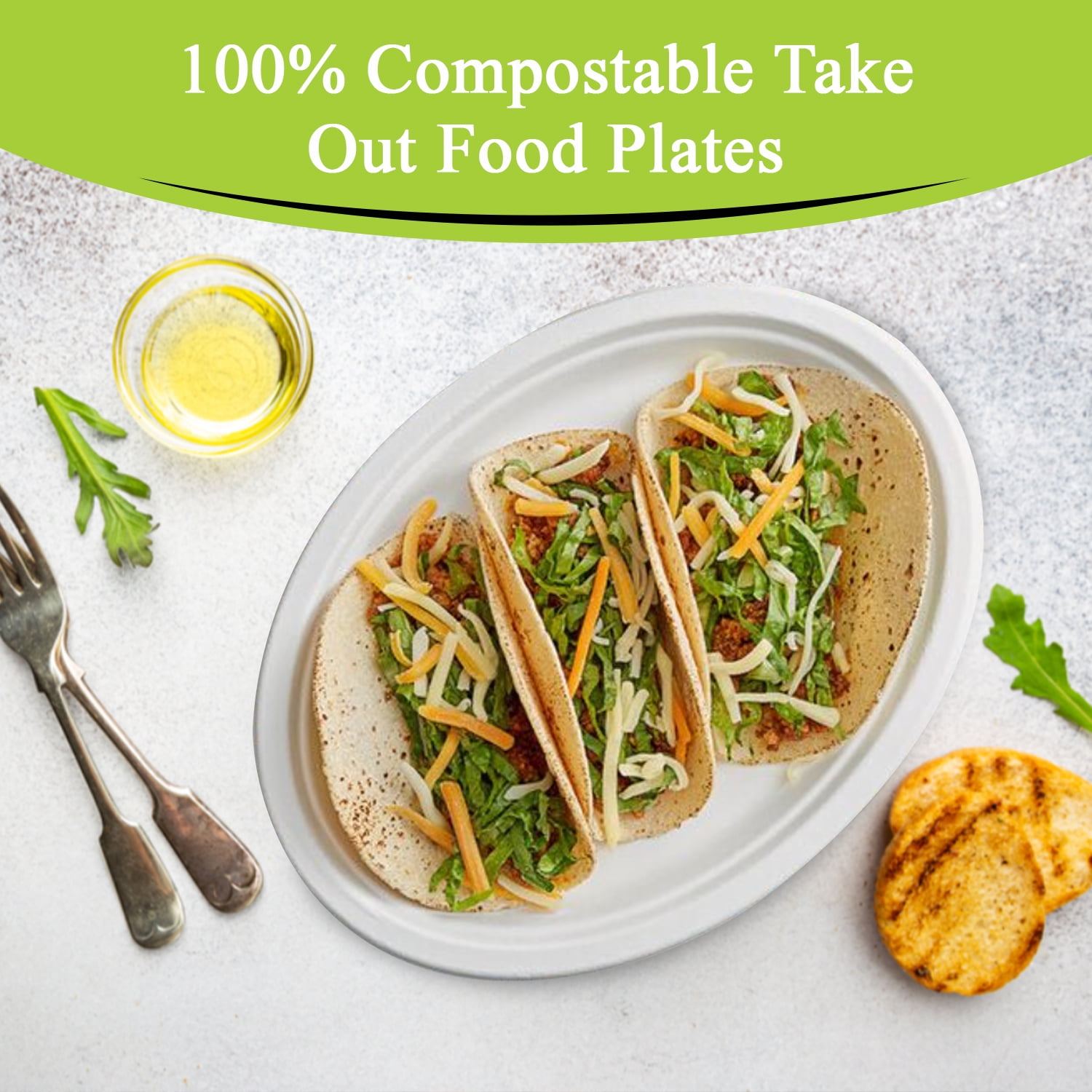 Three Leaf Bagasse Oval Plate 12 in x 10 in 50 ct White Heavy-Duty Compostable Sugarcane Disposable Plates for Party and Catering